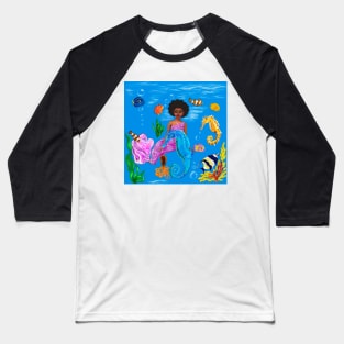 Mermaid and fish - Coco the Magical rainbow mermaid with brown eyes,  Afro hair in and caramel brown skin Baseball T-Shirt